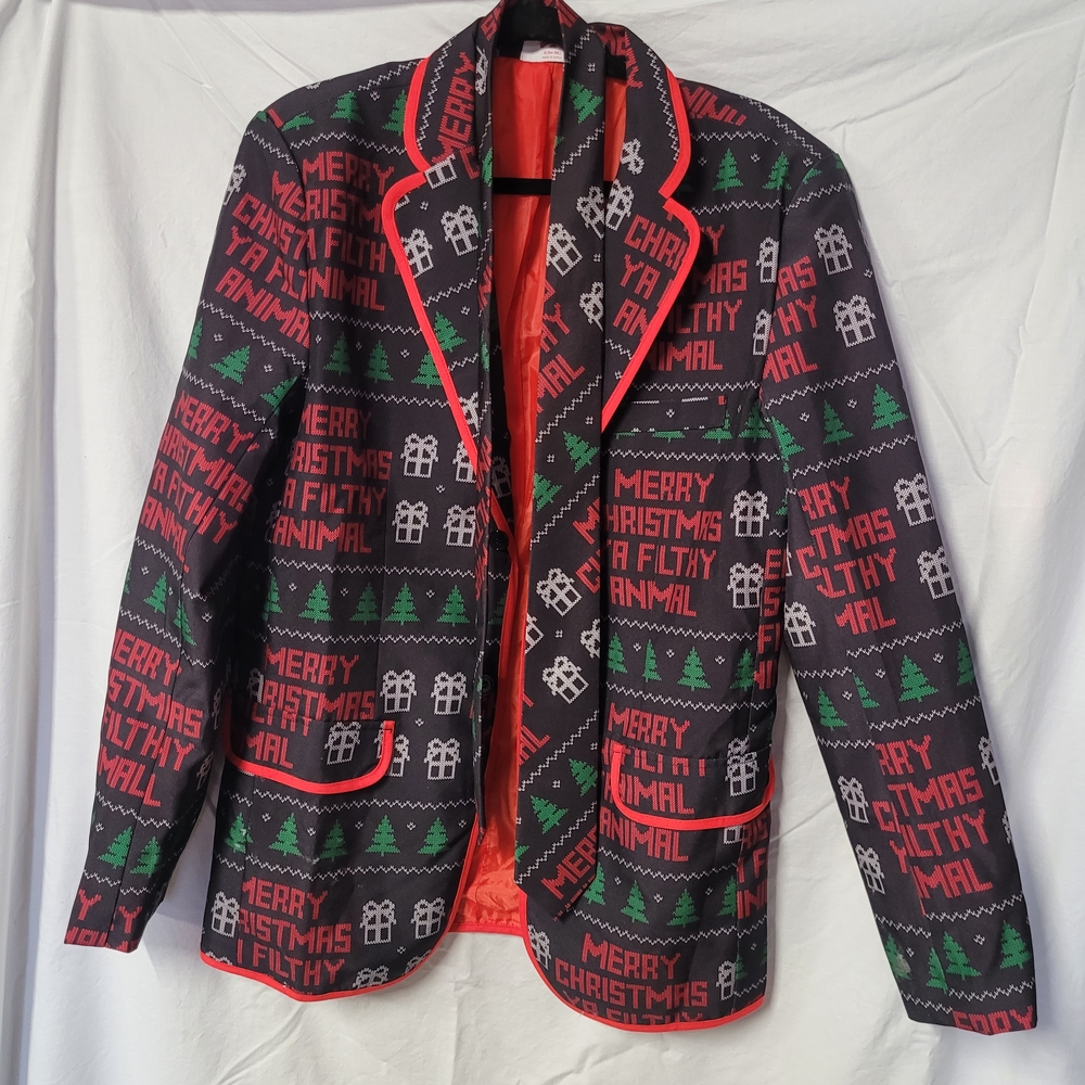 Festive Christmas Graphic Blazer And Tie, Merry Christmas Ya Filthy Animal.